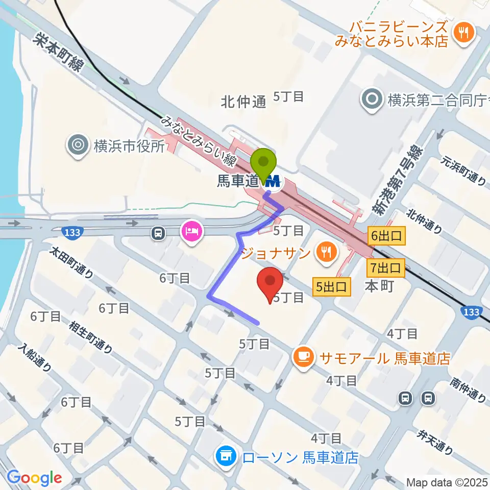 神奈川県立歴史博物館の最寄駅馬車道駅からの徒歩ルート（約2分）地図