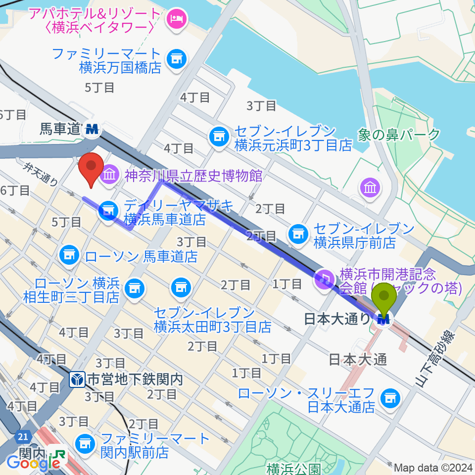 日本大通り駅から神奈川県立歴史博物館へのルートマップ地図
