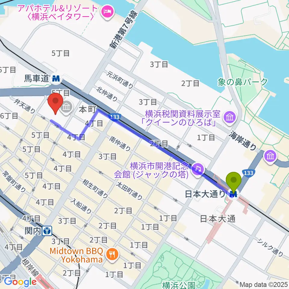 日本大通り駅から神奈川県立歴史博物館へのルートマップ地図