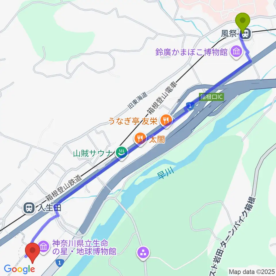 風祭駅から神奈川県立生命の星・地球博物館へのルートマップ地図