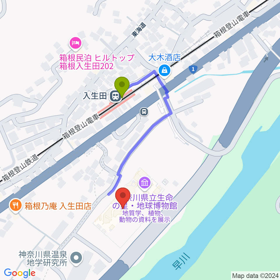 神奈川県立生命の星・地球博物館の最寄駅入生田駅からの徒歩ルート（約3分）地図