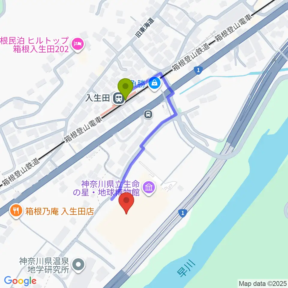 神奈川県立生命の星・地球博物館の最寄駅入生田駅からの徒歩ルート（約3分）地図