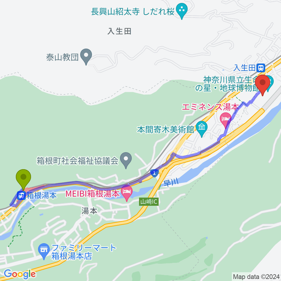 箱根湯本駅から神奈川県立生命の星・地球博物館へのルートマップ地図