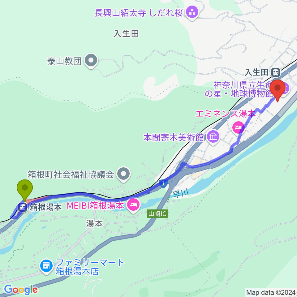 箱根湯本駅から神奈川県立生命の星・地球博物館へのルートマップ地図