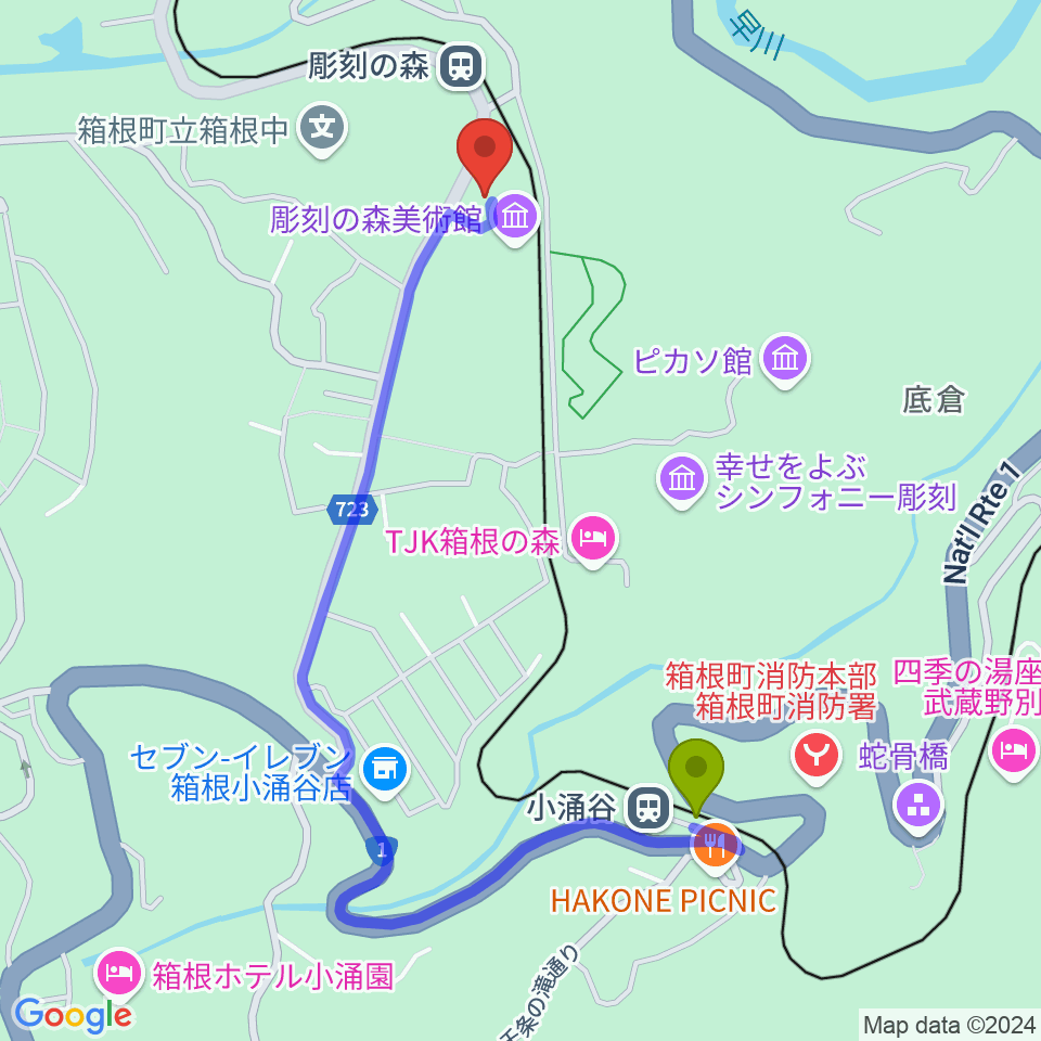 小涌谷駅から箱根 彫刻の森美術館へのルートマップ地図