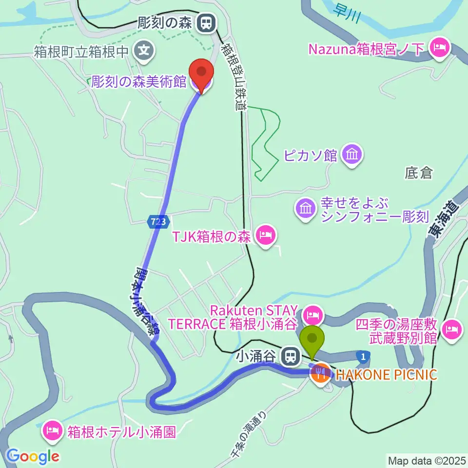 小涌谷駅から箱根 彫刻の森美術館へのルートマップ地図