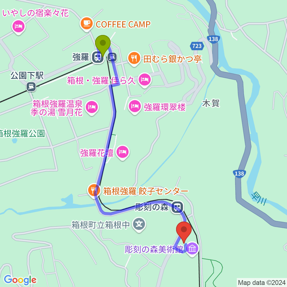 強羅駅から箱根 彫刻の森美術館へのルートマップ地図