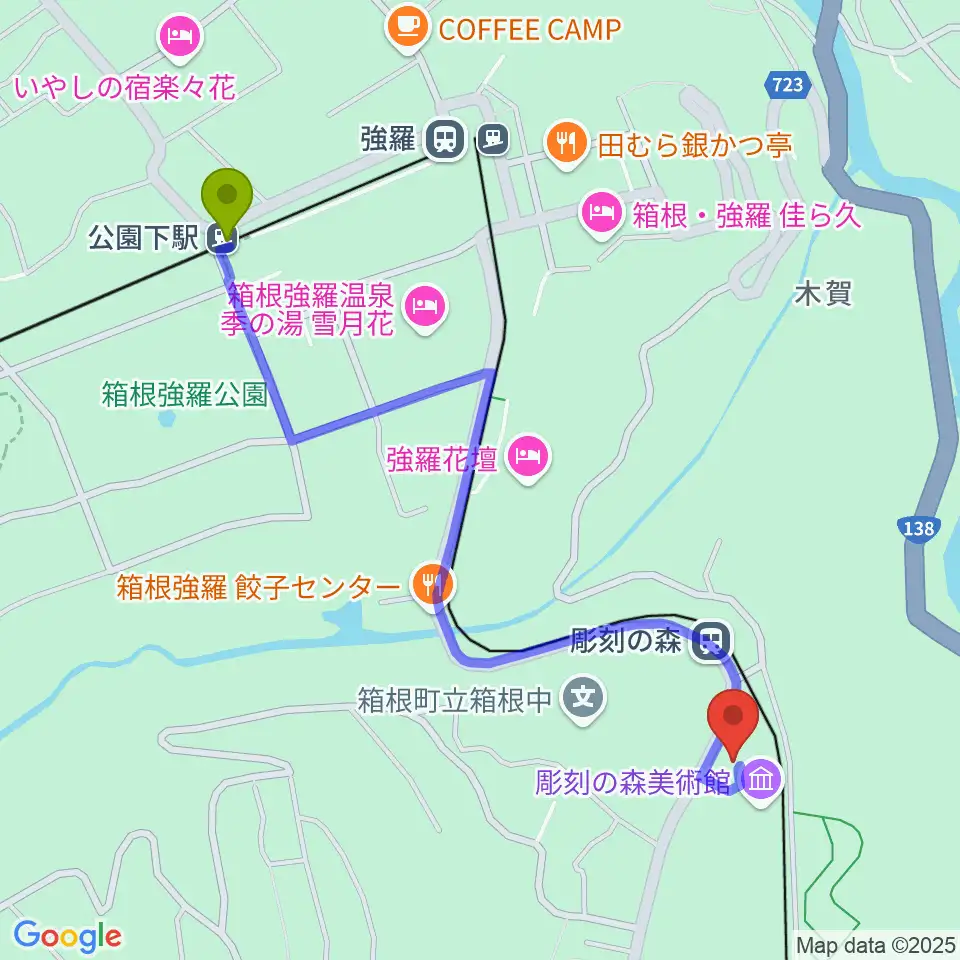 公園下駅から箱根 彫刻の森美術館へのルートマップ地図