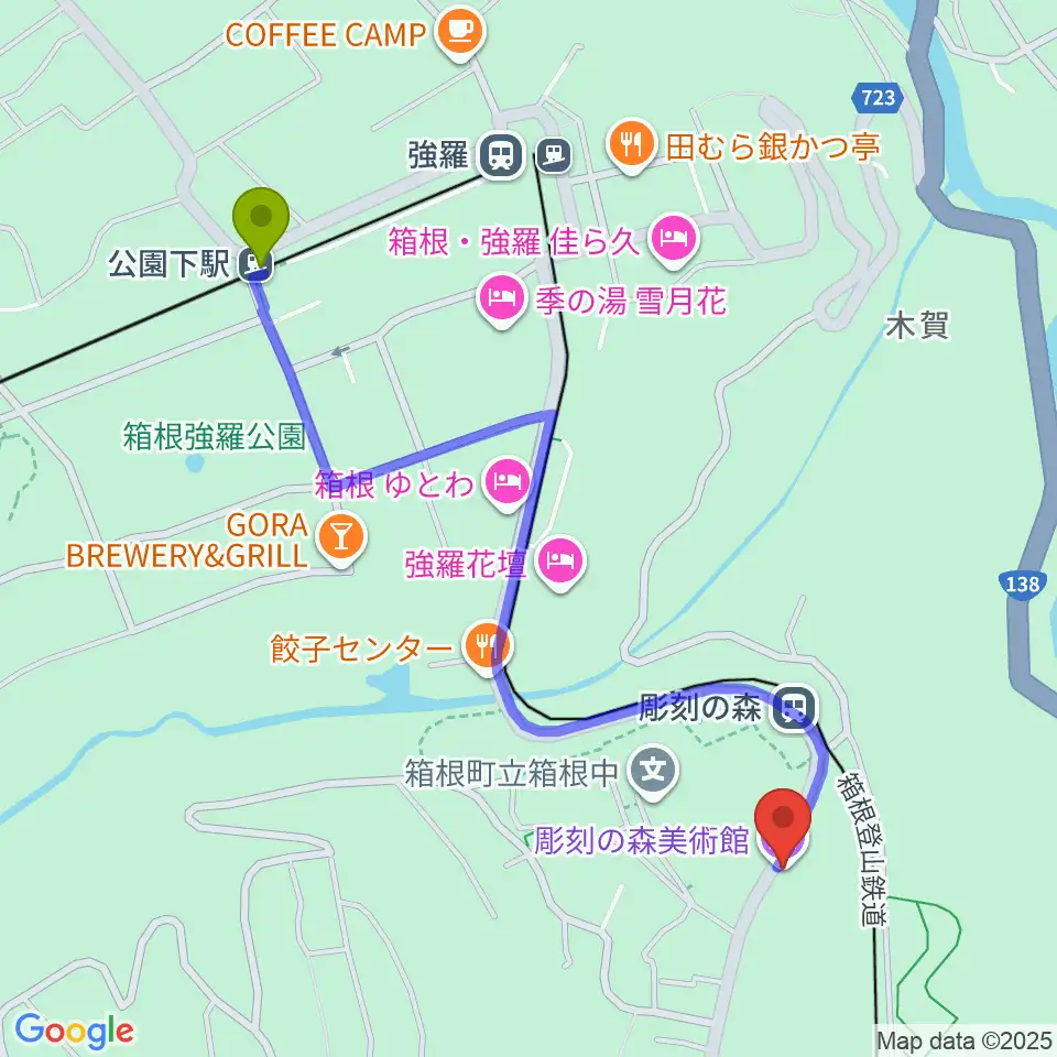 公園下駅から箱根 彫刻の森美術館へのルートマップ地図