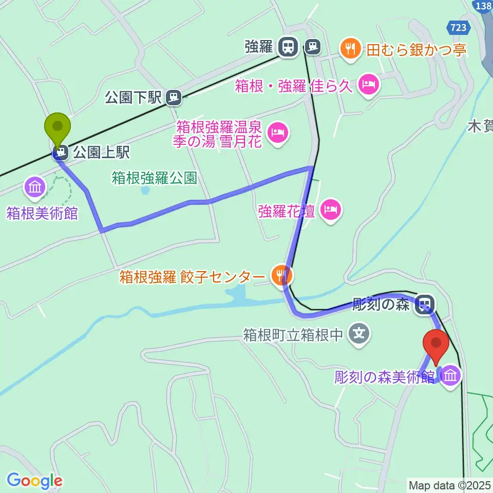 公園上駅から箱根 彫刻の森美術館へのルートマップ地図
