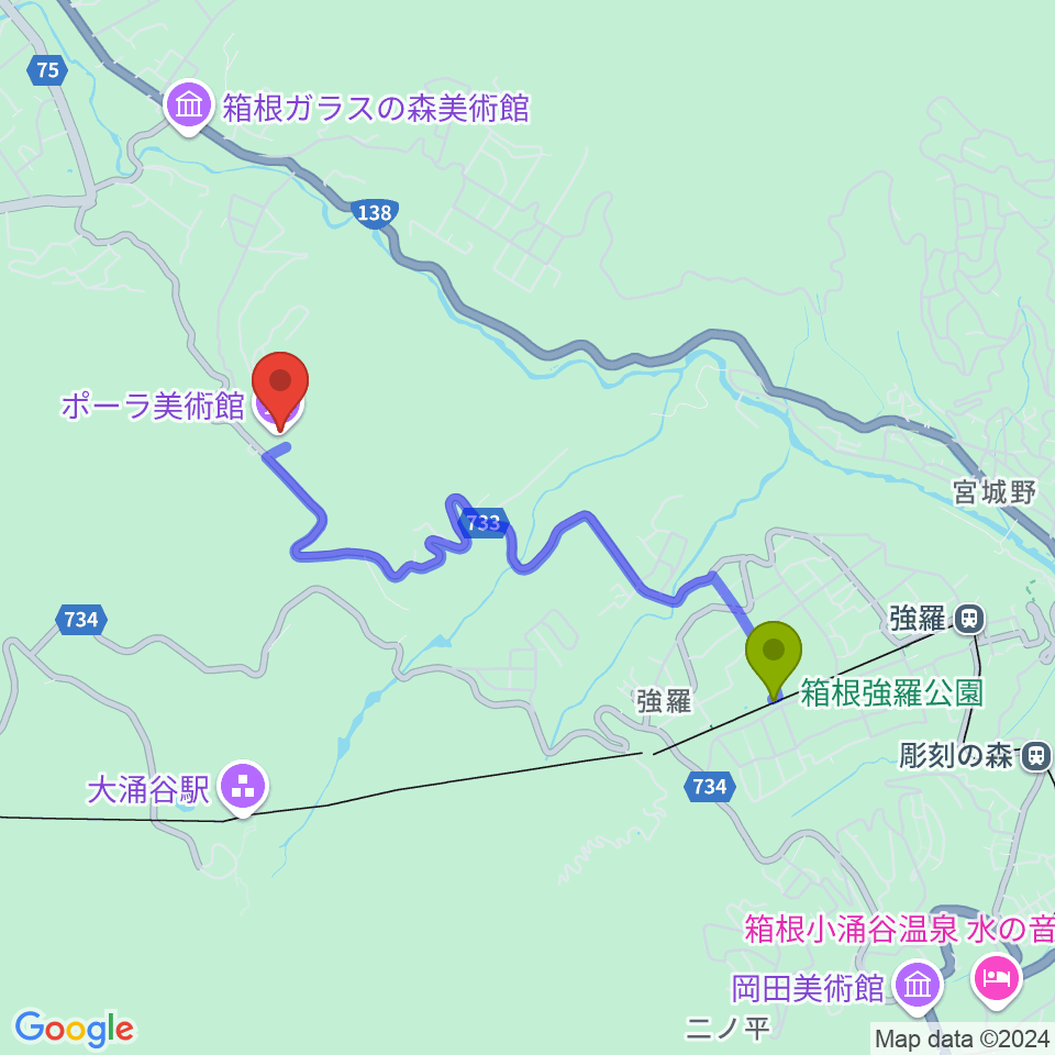 中強羅駅からポーラ美術館へのルートマップ地図