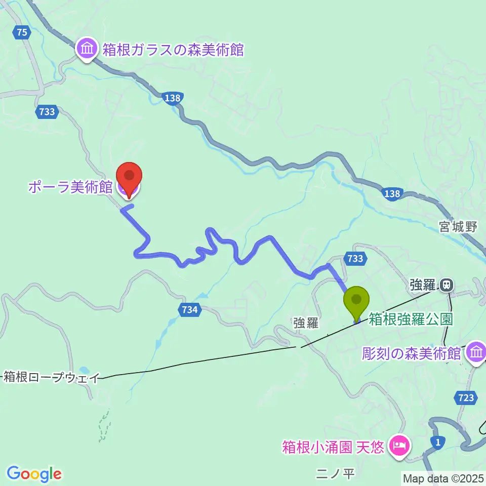 中強羅駅からポーラ美術館へのルートマップ地図