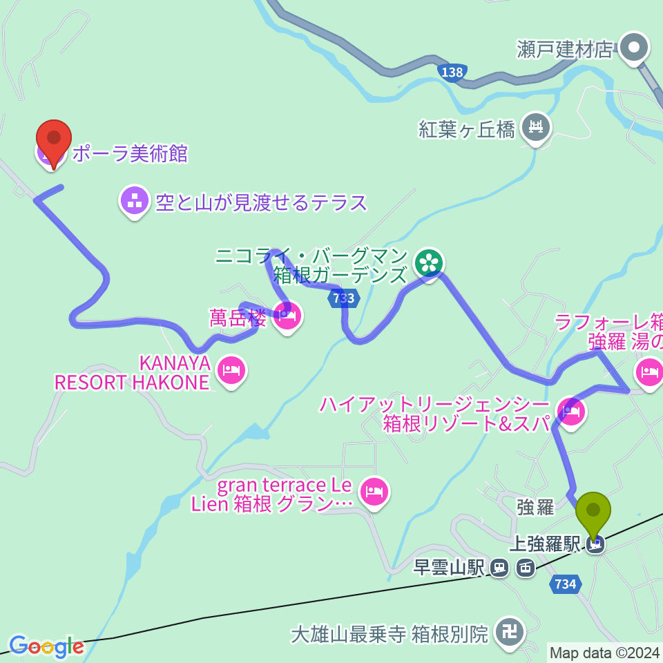 上強羅駅からポーラ美術館へのルートマップ地図