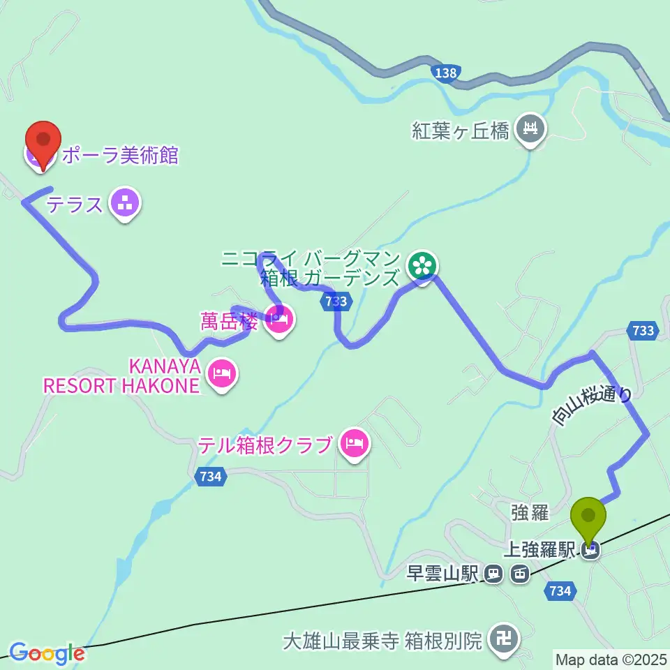 上強羅駅からポーラ美術館へのルートマップ地図