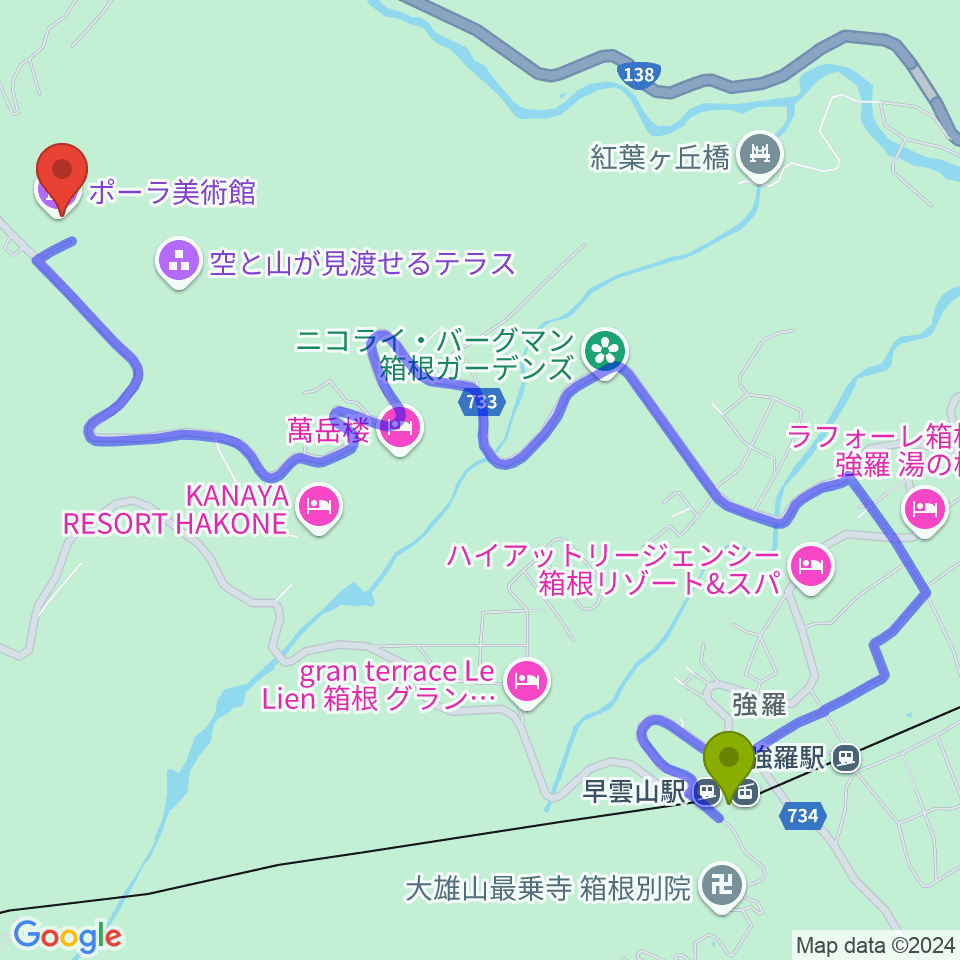 ポーラ美術館の最寄駅早雲山駅からの徒歩ルート（約29分）地図