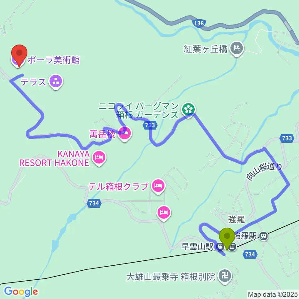 ポーラ美術館の最寄駅早雲山駅からの徒歩ルート（約29分）地図