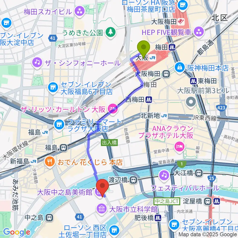 大阪駅から大阪中之島美術館へのルートマップ地図