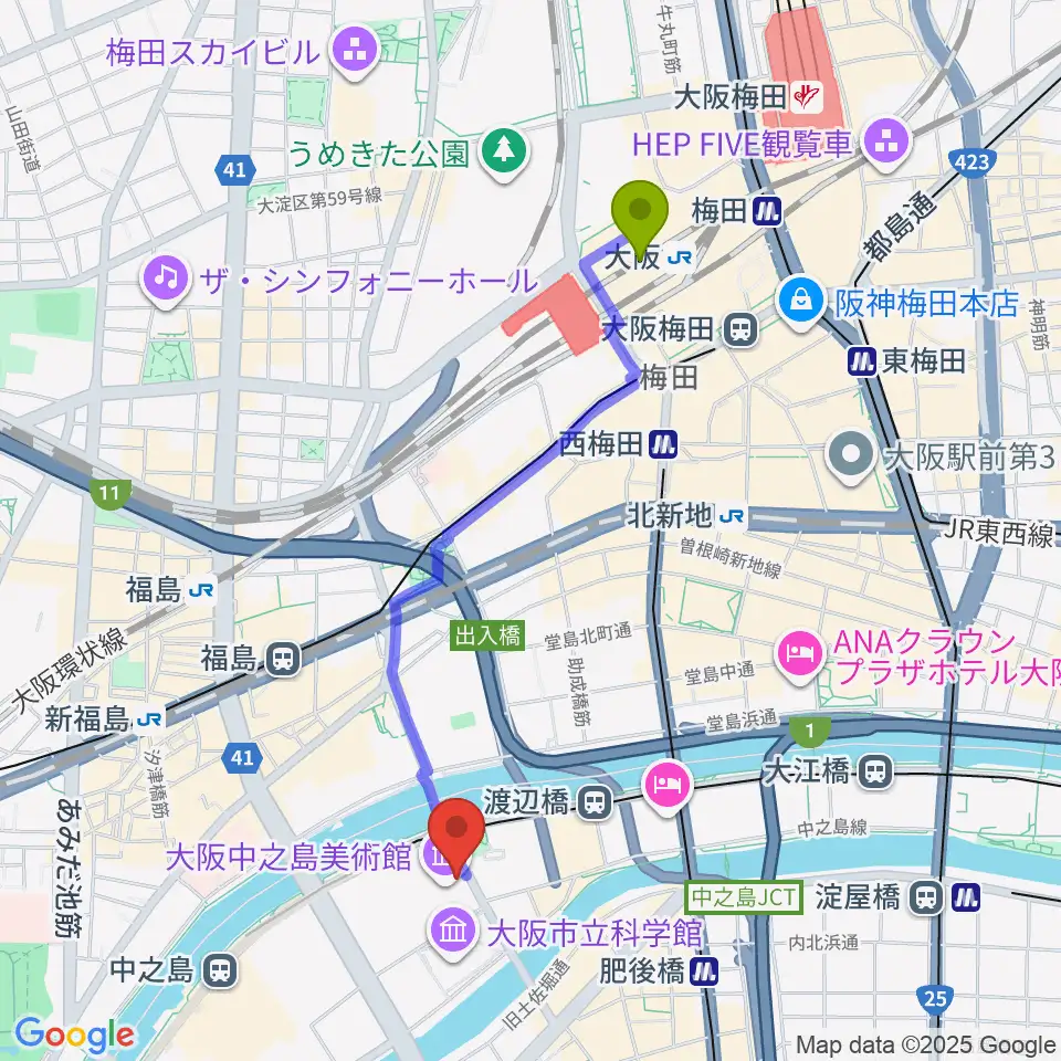 大阪駅から大阪中之島美術館へのルートマップ地図
