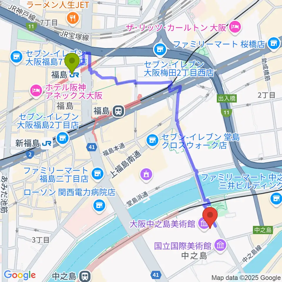 福島駅から大阪中之島美術館へのルートマップ地図