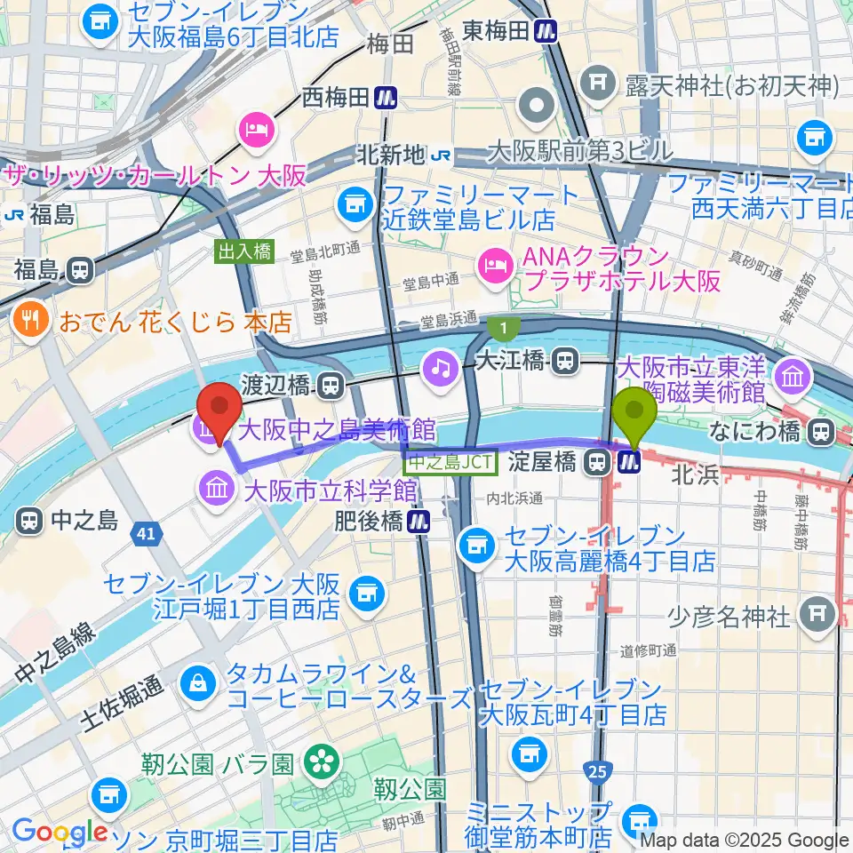 淀屋橋駅から大阪中之島美術館へのルートマップ地図
