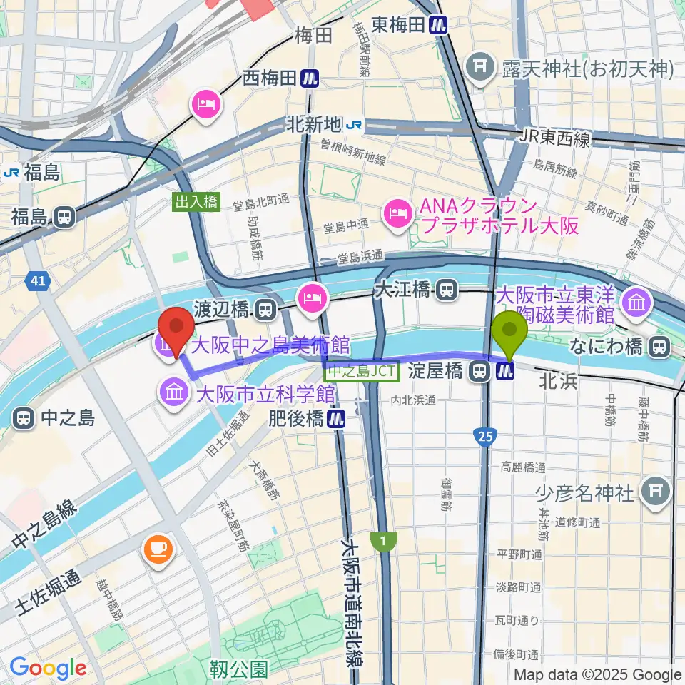 淀屋橋駅から大阪中之島美術館へのルートマップ地図