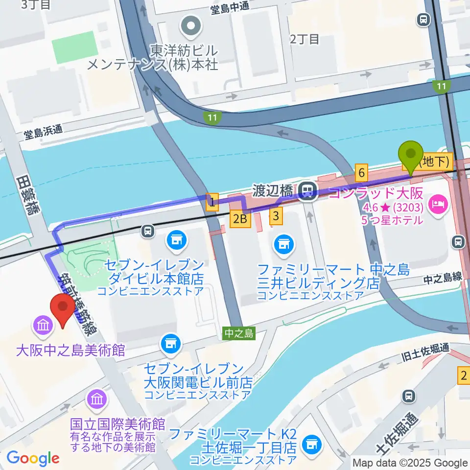 大阪中之島美術館の最寄駅渡辺橋駅からの徒歩ルート（約6分）地図