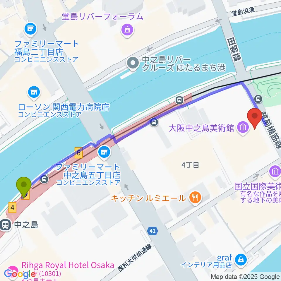 中之島駅から大阪中之島美術館へのルートマップ地図