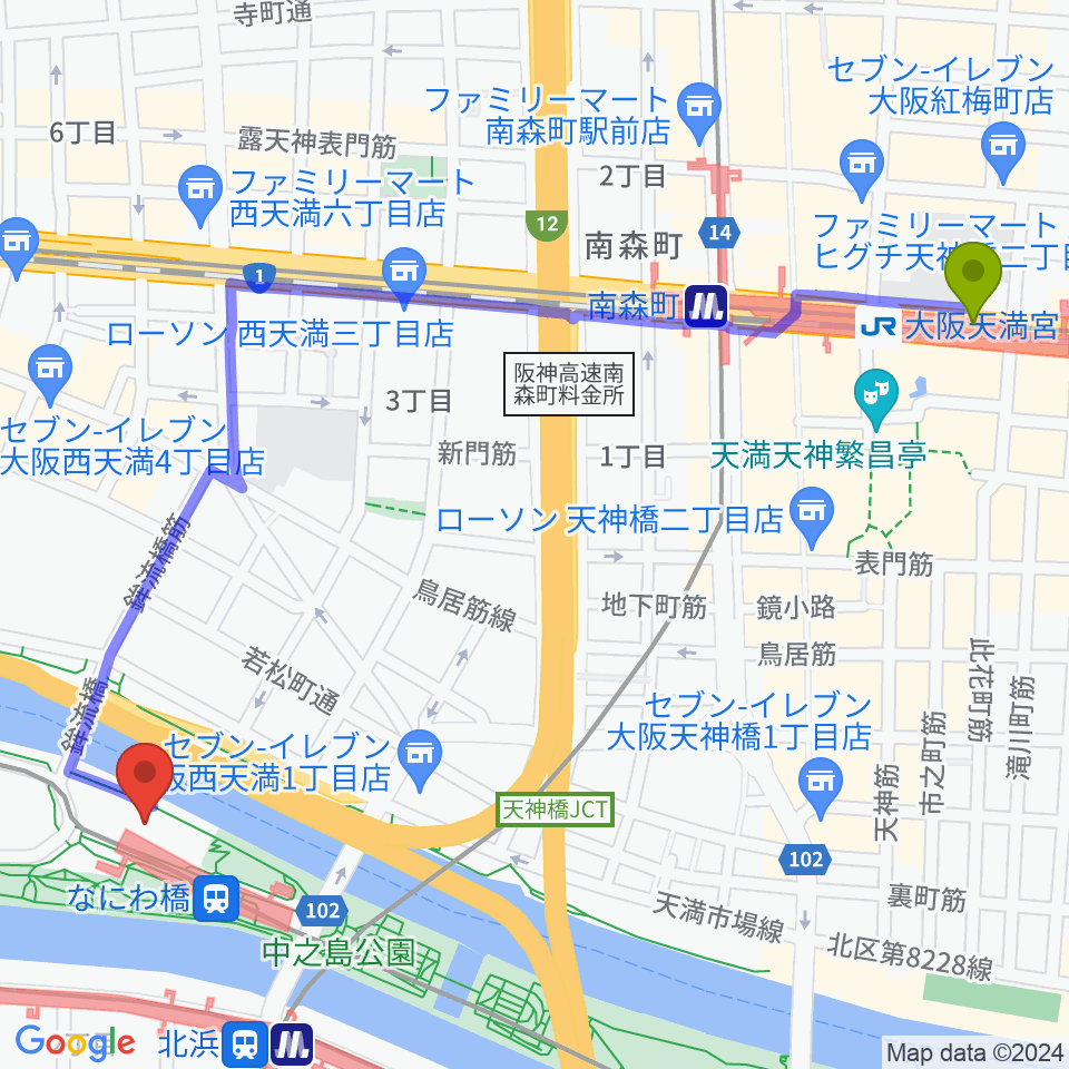 大阪天満宮駅から大阪市立東洋陶磁美術館へのルートマップ地図