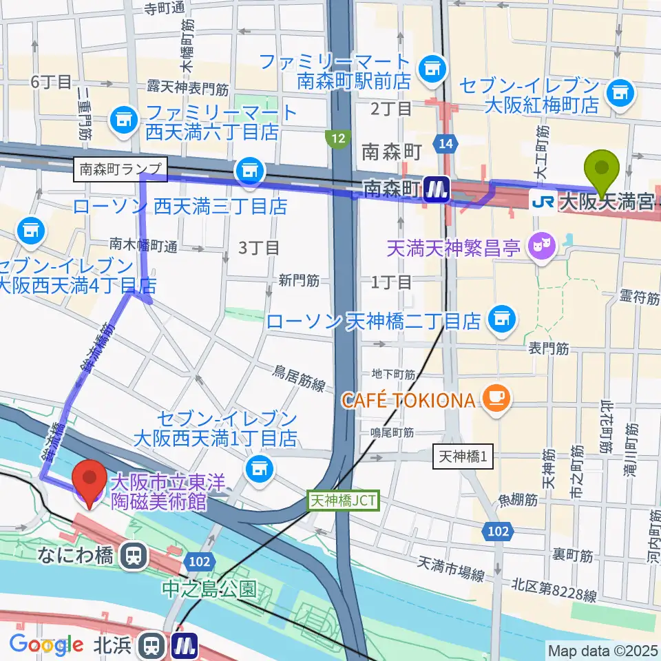 大阪天満宮駅から大阪市立東洋陶磁美術館へのルートマップ地図