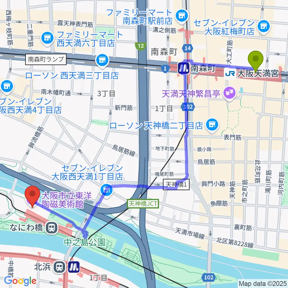 大阪天満宮駅から大阪市立東洋陶磁美術館へのルートマップ地図