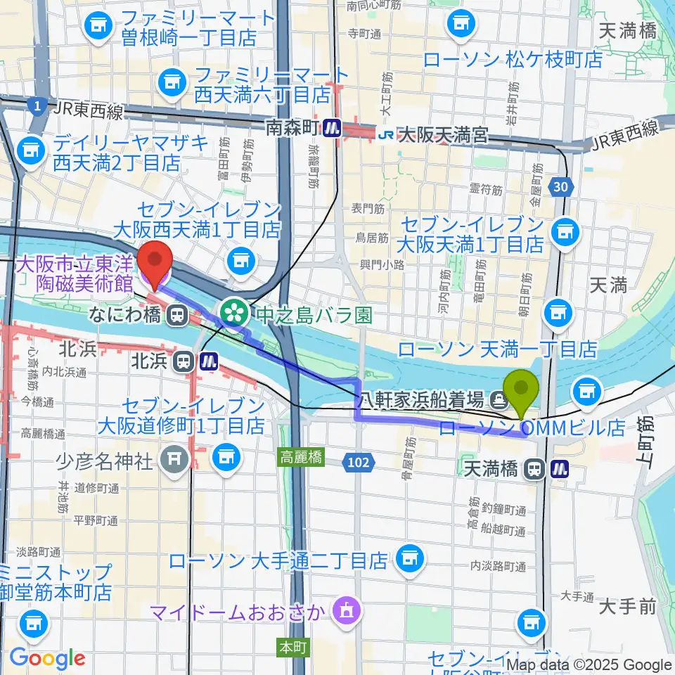 天満橋駅から大阪市立東洋陶磁美術館へのルートマップ地図