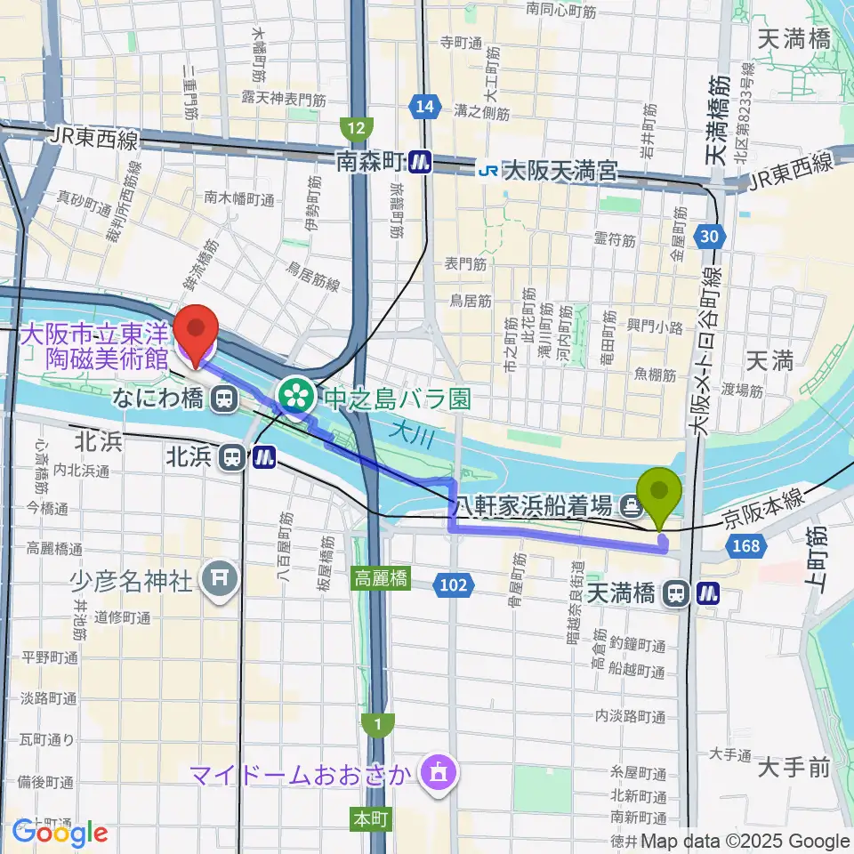 天満橋駅から大阪市立東洋陶磁美術館へのルートマップ地図