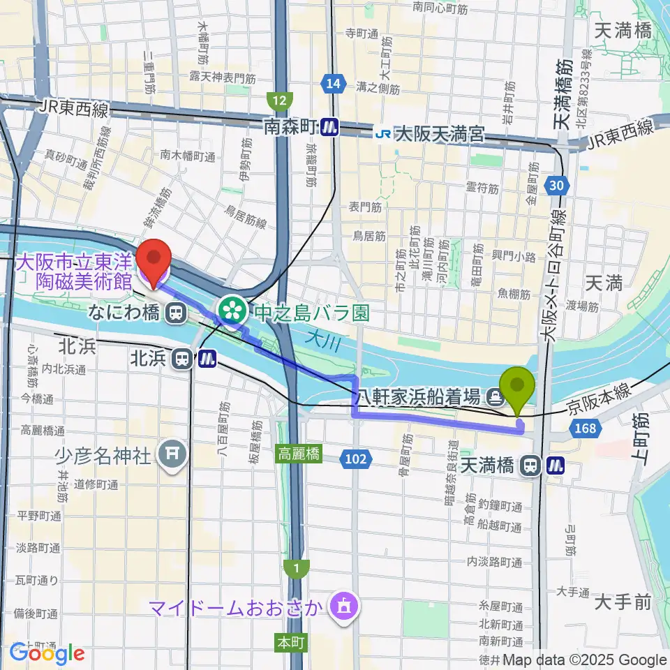 天満橋駅から大阪市立東洋陶磁美術館へのルートマップ地図