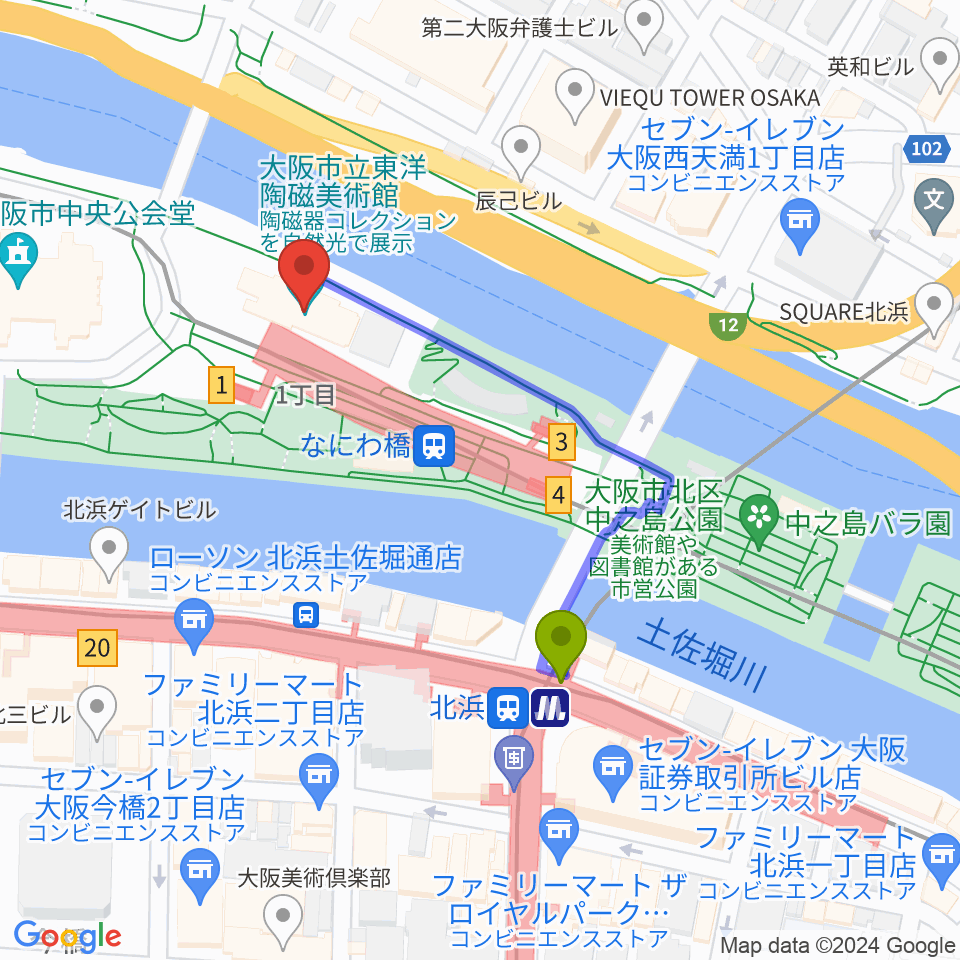 大阪市立東洋陶磁美術館の最寄駅北浜駅からの徒歩ルート（約4分）地図