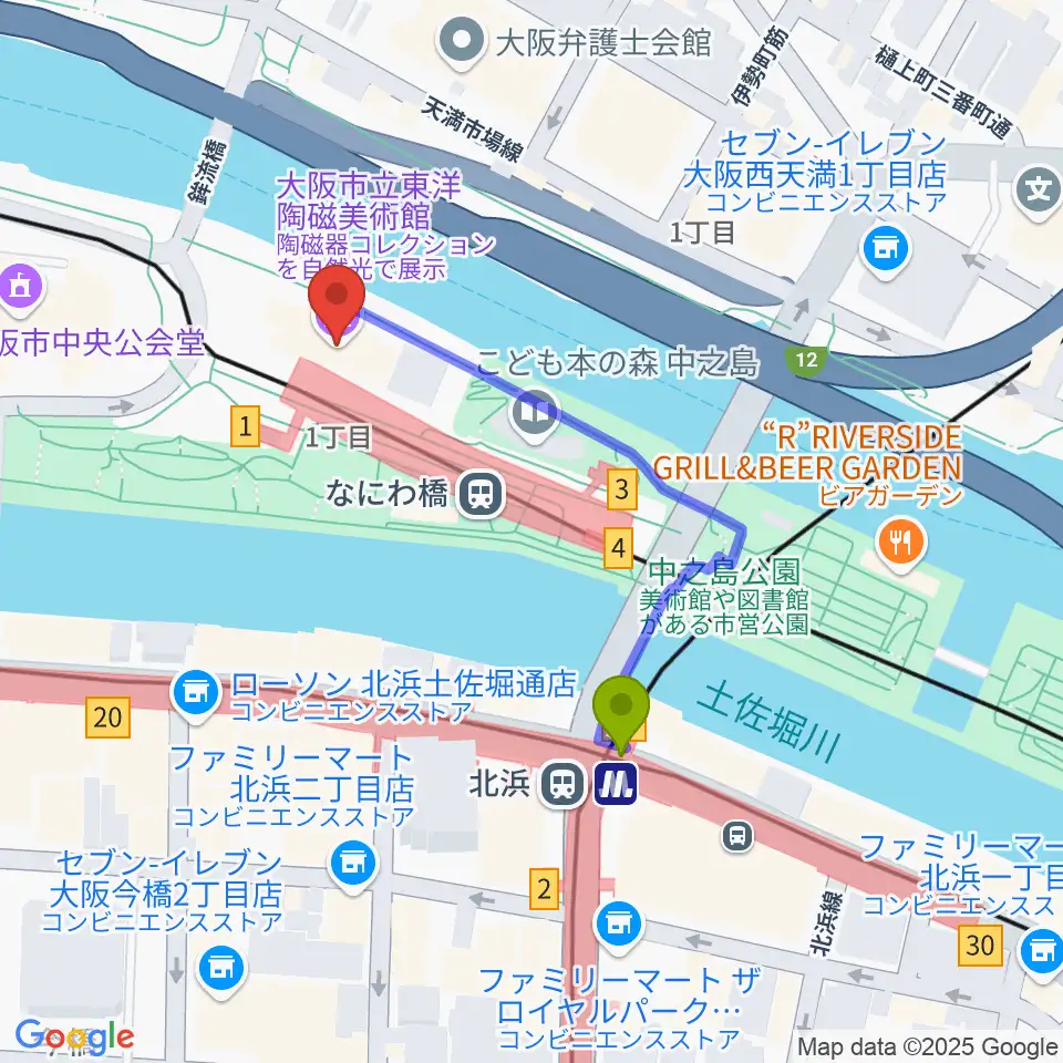 大阪市立東洋陶磁美術館の最寄駅北浜駅からの徒歩ルート（約4分）地図