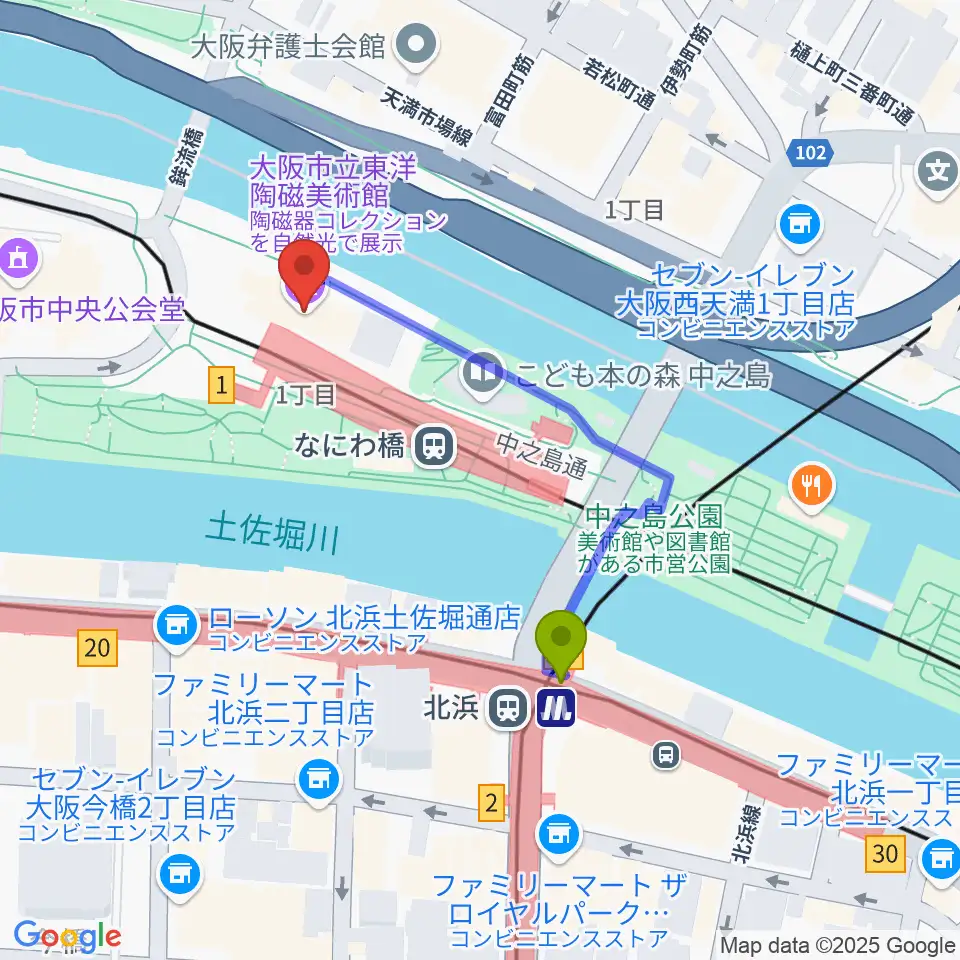 大阪市立東洋陶磁美術館の最寄駅北浜駅からの徒歩ルート（約4分）地図