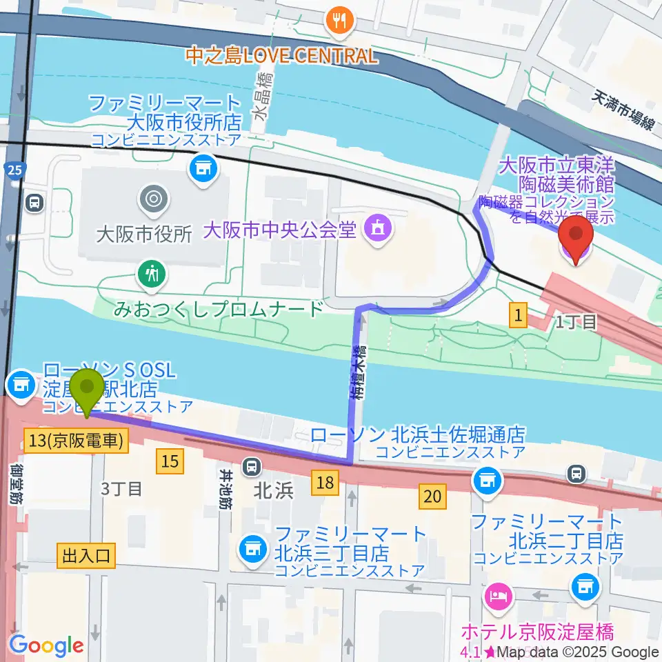 淀屋橋駅から大阪市立東洋陶磁美術館へのルートマップ地図