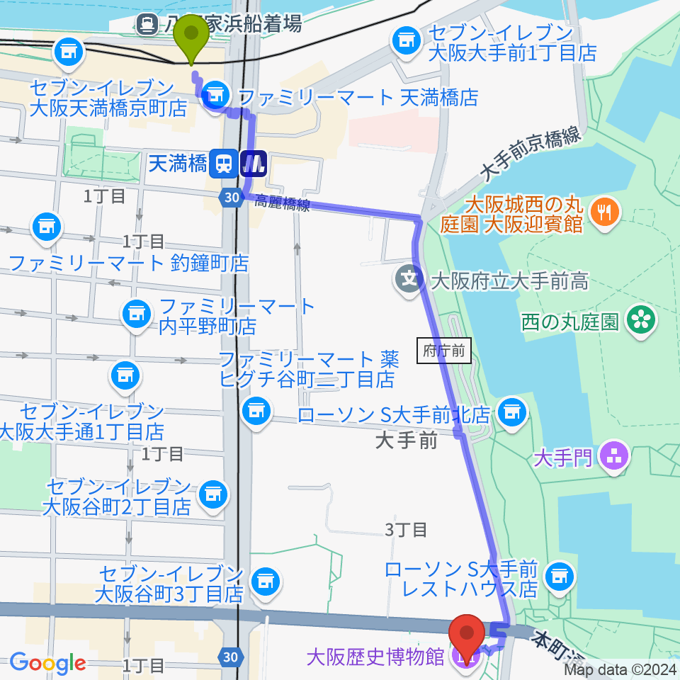 天満橋駅から大阪歴史博物館へのルートマップ地図