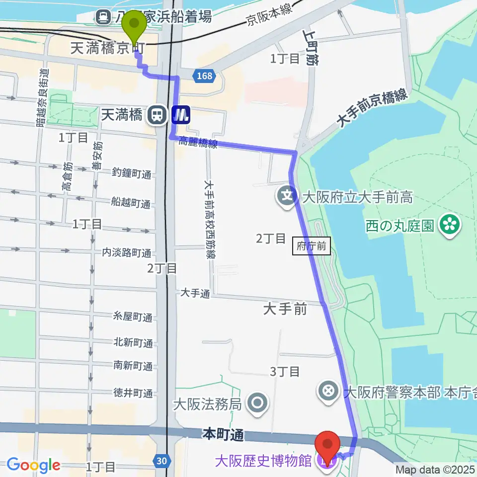 天満橋駅から大阪歴史博物館へのルートマップ地図