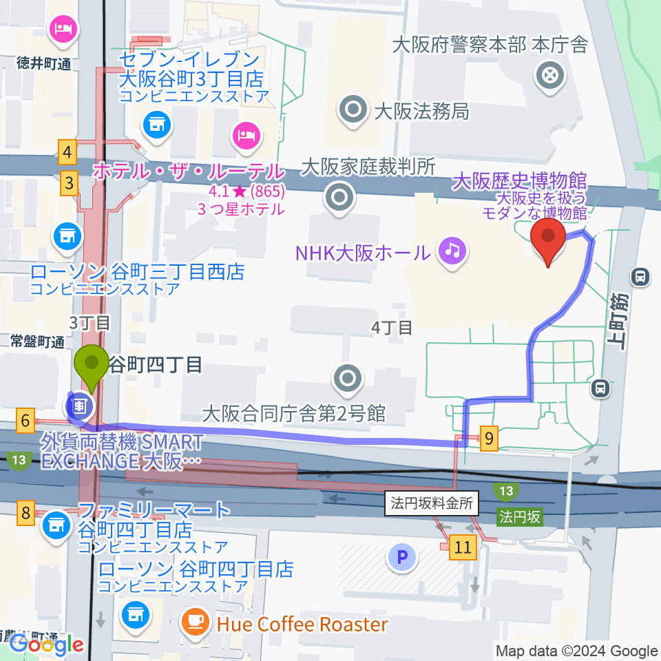 大阪歴史博物館の最寄駅谷町四丁目駅からの徒歩ルート（約6分）地図