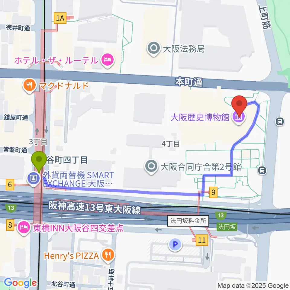 大阪歴史博物館の最寄駅谷町四丁目駅からの徒歩ルート（約6分）地図