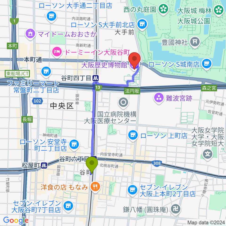 谷町六丁目駅から大阪歴史博物館へのルートマップ地図