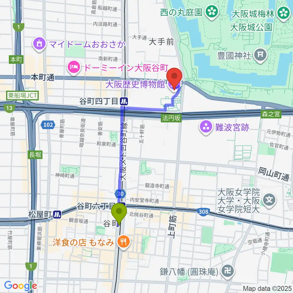 谷町六丁目駅から大阪歴史博物館へのルートマップ地図