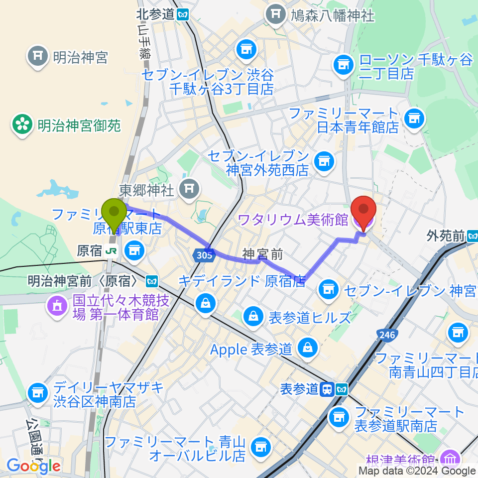 原宿駅からワタリウム美術館へのルートマップ地図