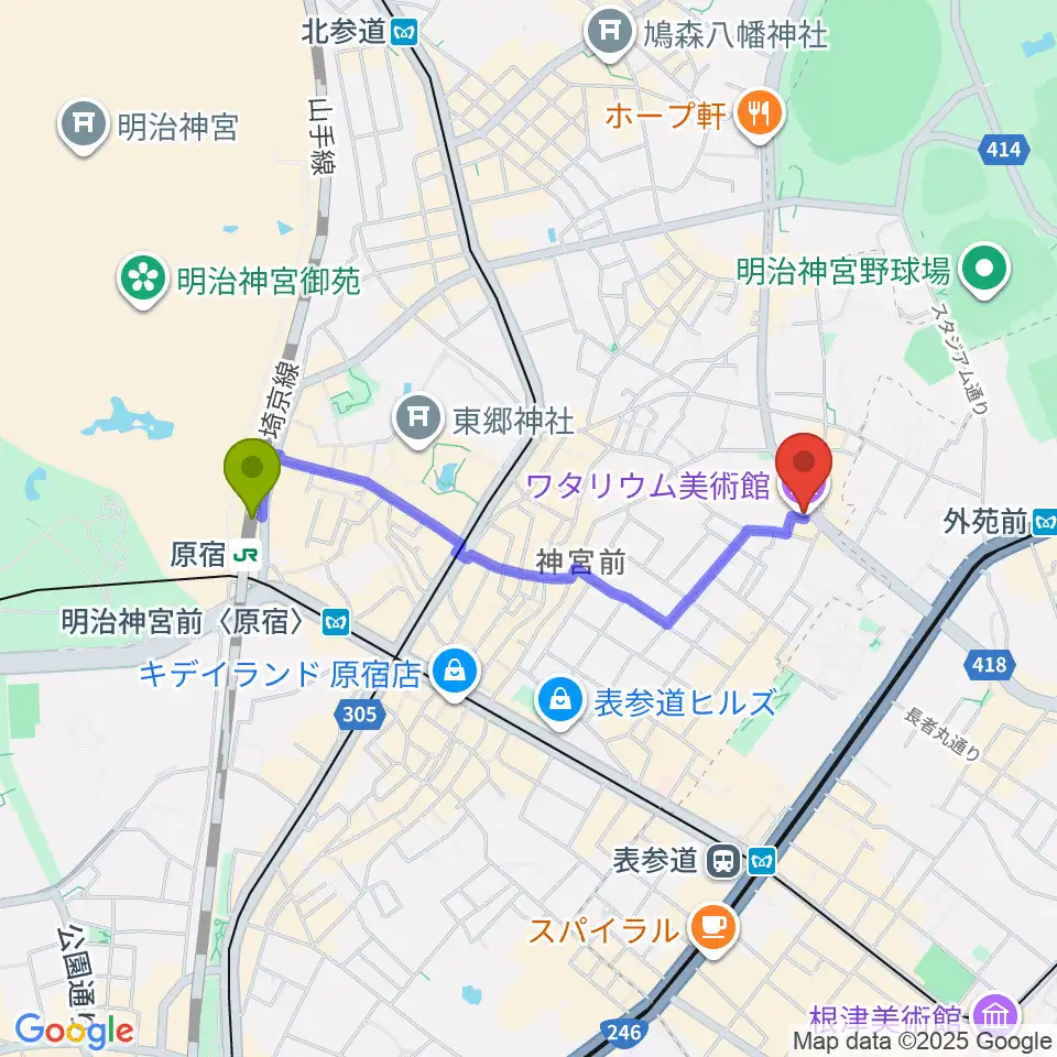 原宿駅からワタリウム美術館へのルートマップ地図