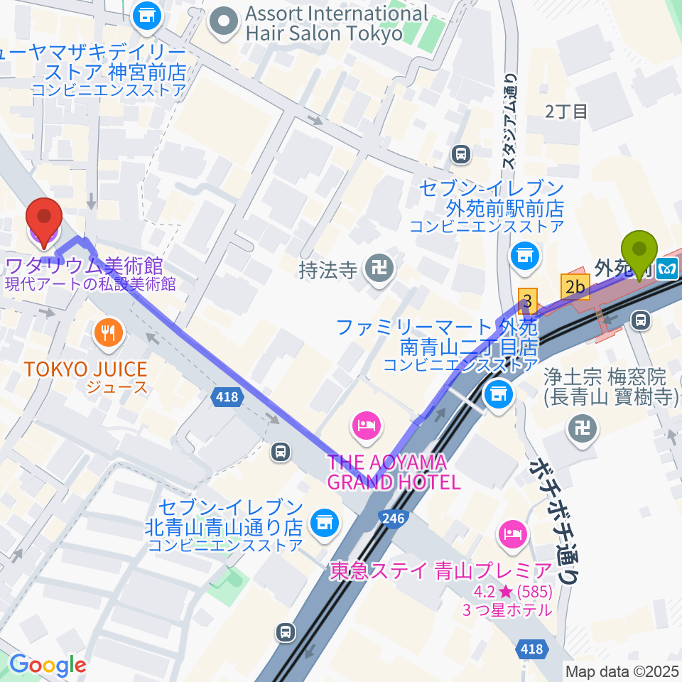 ワタリウム美術館の最寄駅外苑前駅からの徒歩ルート（約7分）地図