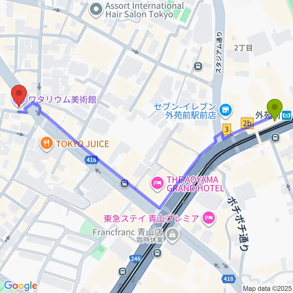 ワタリウム美術館の最寄駅外苑前駅からの徒歩ルート（約7分）地図