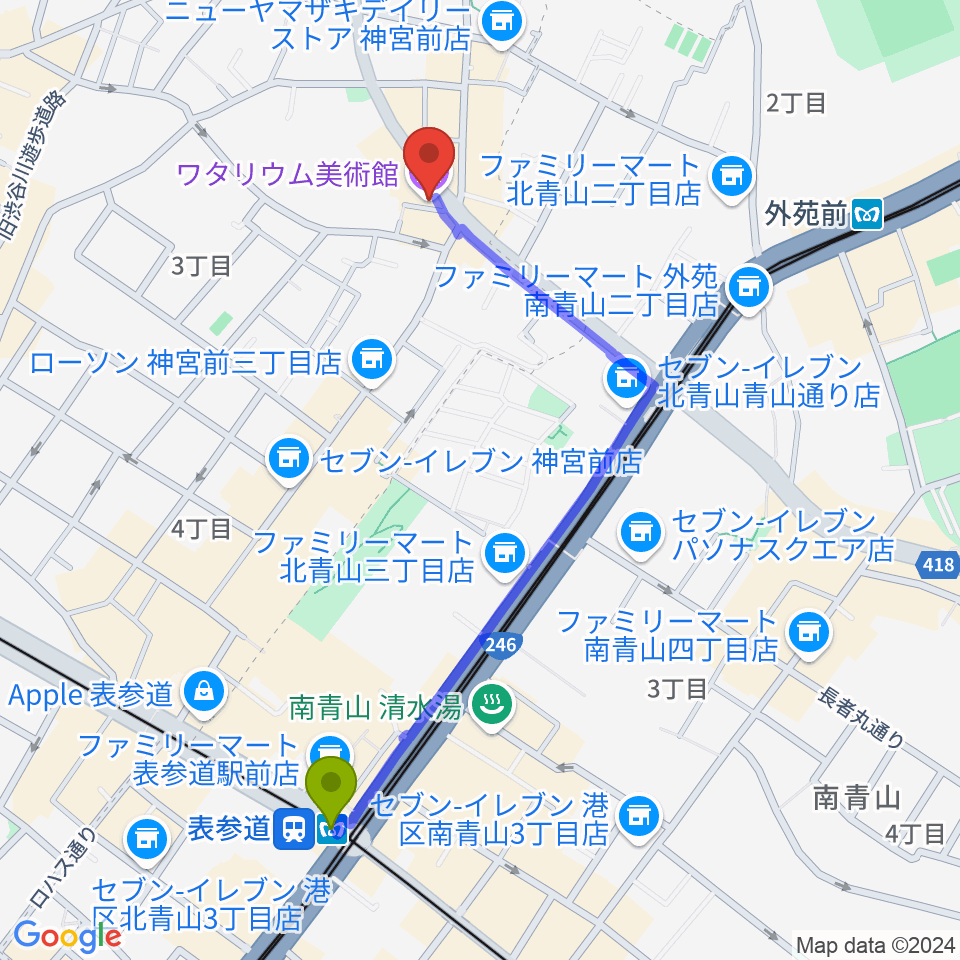 表参道駅からワタリウム美術館へのルートマップ地図