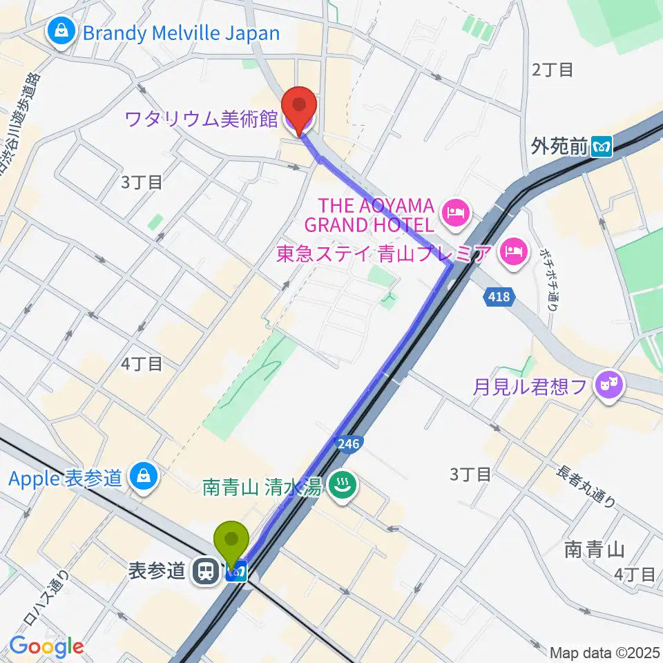 表参道駅からワタリウム美術館へのルートマップ地図