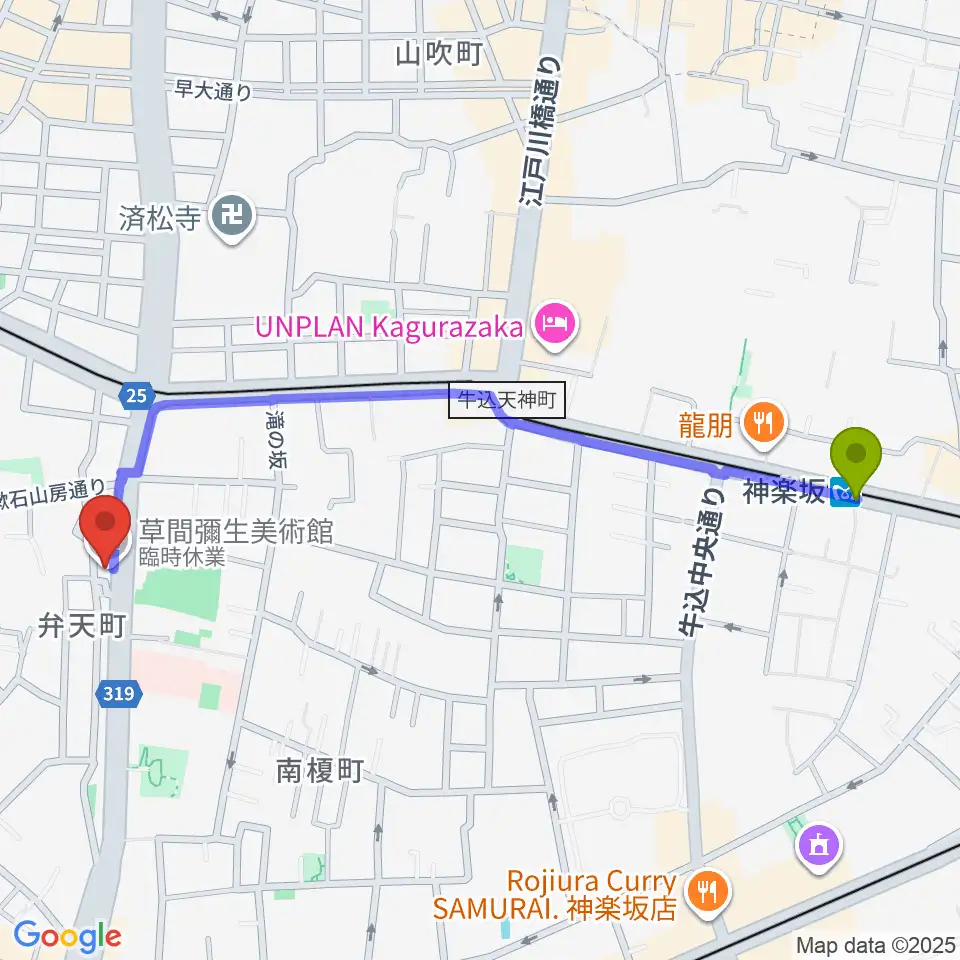 神楽坂駅から草間彌生美術館へのルートマップ地図